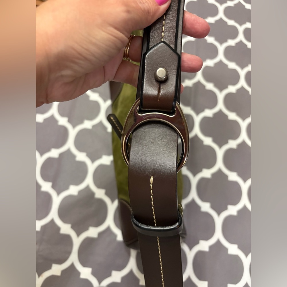 Dooney & Bourke 19745 Series Olive Green Suede and Brown Leather Hobo Purse - Picture 14 of 16